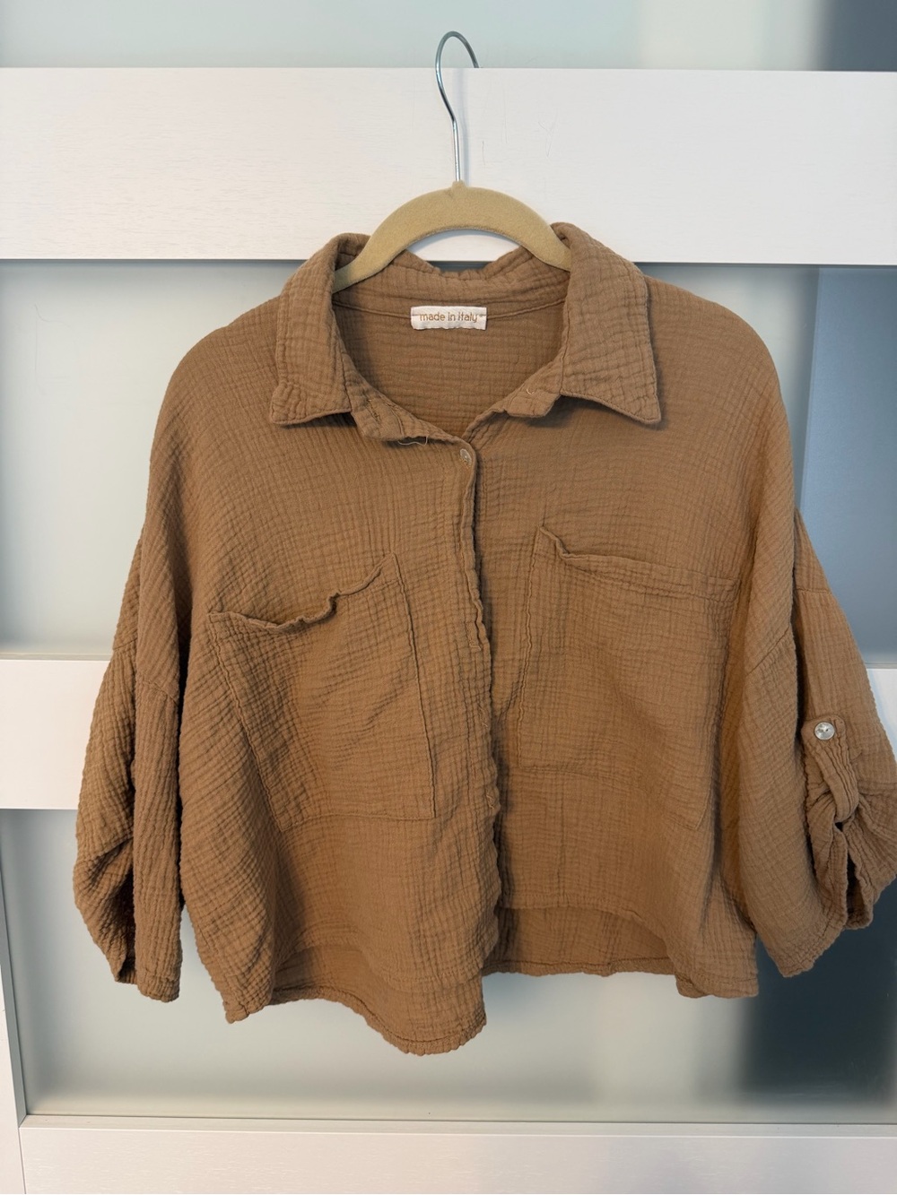 Cropped Button-Down Gauze Shirt in Camel